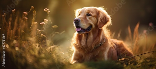  a golden retriever dog sitting in a field of tall grass with his tongue hanging out and his eyes closed.