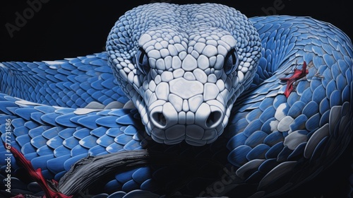  a close up of a blue and white snake with a red star on it's left eye and a red star on its right side of the snake's head. generative ai