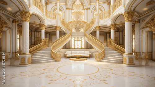 Light luxury royal posh interior in baroque style. White hall with expensive oldstyle furniture. photo