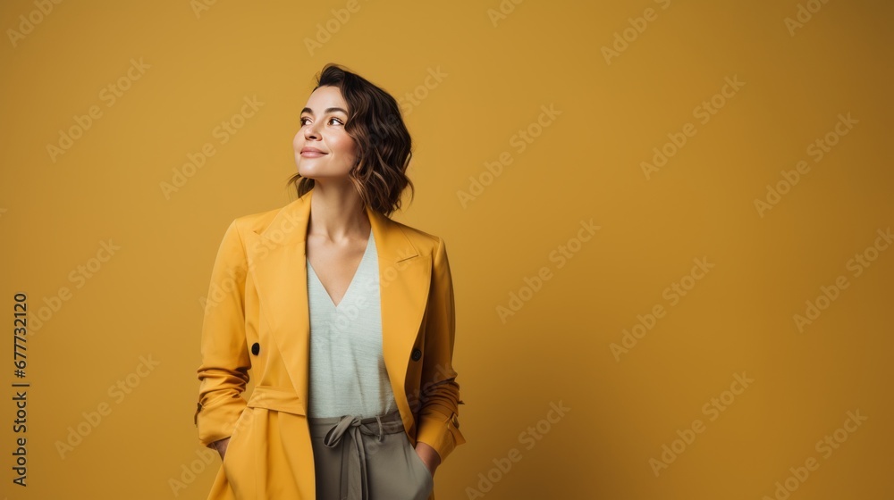 young stylish modern teen female woman in casual cloth studio portrait shooting on yellow color background portrait woman concept young stylish modern teen female woman in casual cloth studio portrait shooting on yellow color background portrait woman concept