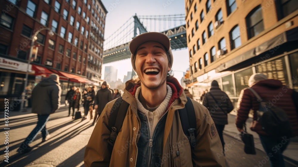Smiling cheerful travel vlogger influencer streaming online lives to his followers during his journey travel in beautiful urban downtown travel destination travel ideas concept