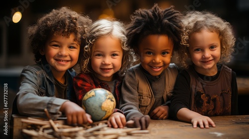 Children of the World: A classroom with children from diverse ethnic backgrounds all engaged in a cooperative activity.