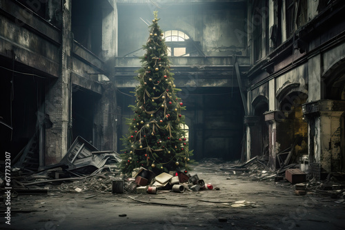 christmas tree in a dirty destroyed building photo