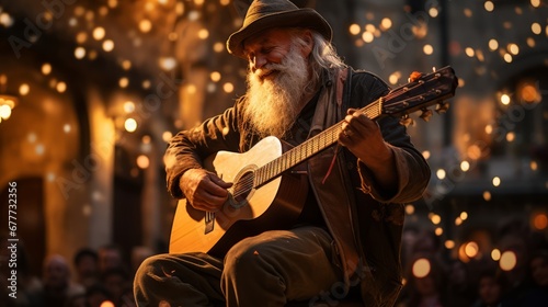 old adult mature senior old male man musician street night performance solo guitar singing music street side at old town famouse travel destination lifestlye concept