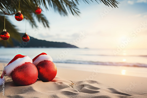 red christmas baubles with Santa hats lying on a tropical beach