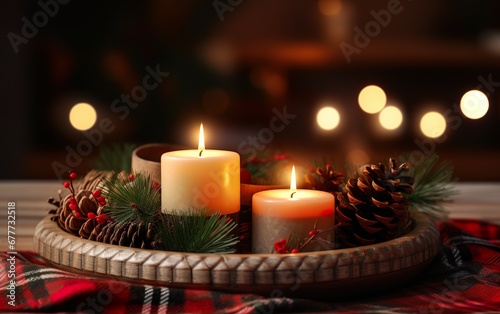Burning candles and christmas decorations on wooden table