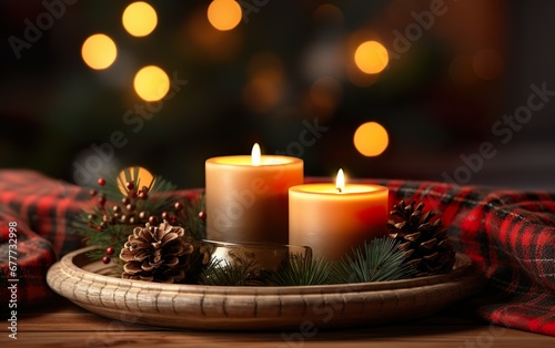 Burning candles and christmas decorations on wooden table