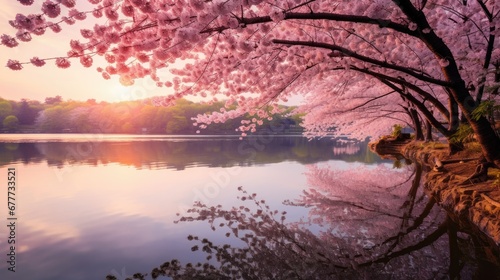 Cherry Blossom Trees in the middle of the Lake Landscape Photography photo