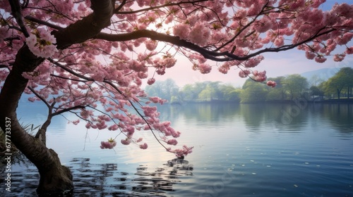 Cherry Blossom Trees in the middle of the Lake Landscape Photography photo