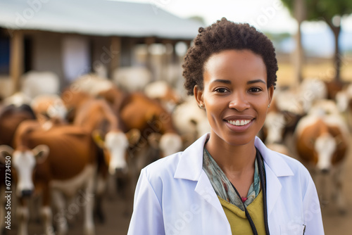 African young woman veterinarian veterinarian in background cows on farm livestock Africa