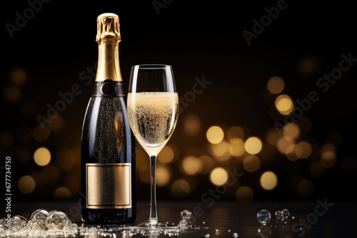 Dark festive glass and bottle of champagne on bokeh background