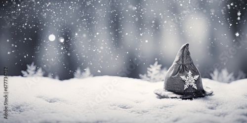  a small christmas tree sitting on top of a pile of snow next to a forest filled with snowflakes.