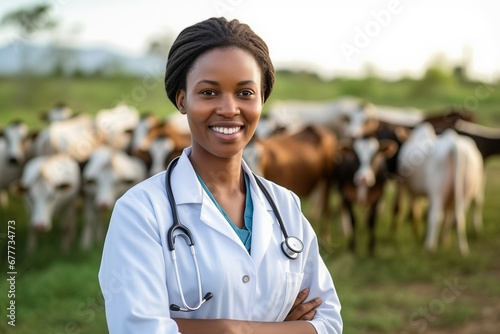 African young woman veterinarian veterinarian in background cows on farm livestock Africa