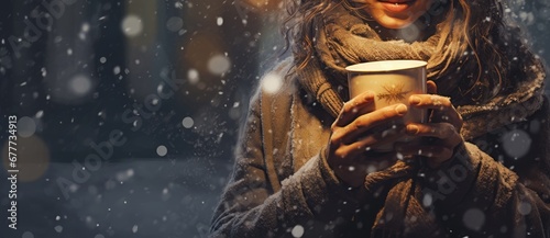  a woman is holding a cup of coffee in a snowy day with snow falling on her head and a scarf around her neck.