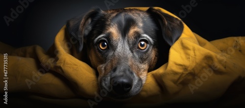  a brown and black dog with a yellow blanket on it's head looking at the camera with a sad look on his face.