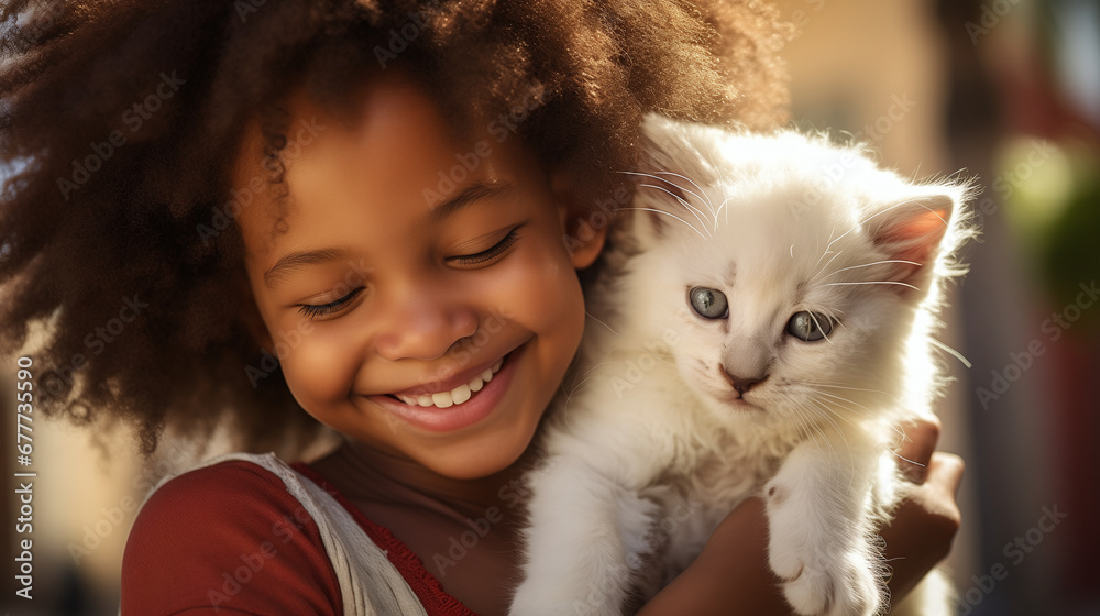 Close up of a little african american pretty girl with a white little cat in her arms, lovely pet, frendship with pets. Outdor street background.Cute little cat. Close up of a little african american pretty girl with a white little cat in her arms, lovely pet, frendship with pets. Outdor street background.Cute little cat.