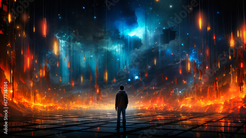 A solitary figure gazes into an expansive digital realm, where a symphony of light plummets through a cybernetic space.This striking scene evokes themes of technology and futurism. Generative AI