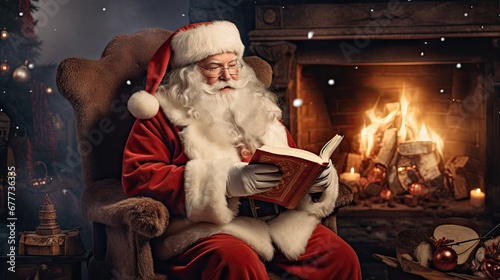  a man dressed as santa claus sitting in a chair reading a book in front of a fireplace in a dark room with christmas decorations on the floor and around him. generative ai