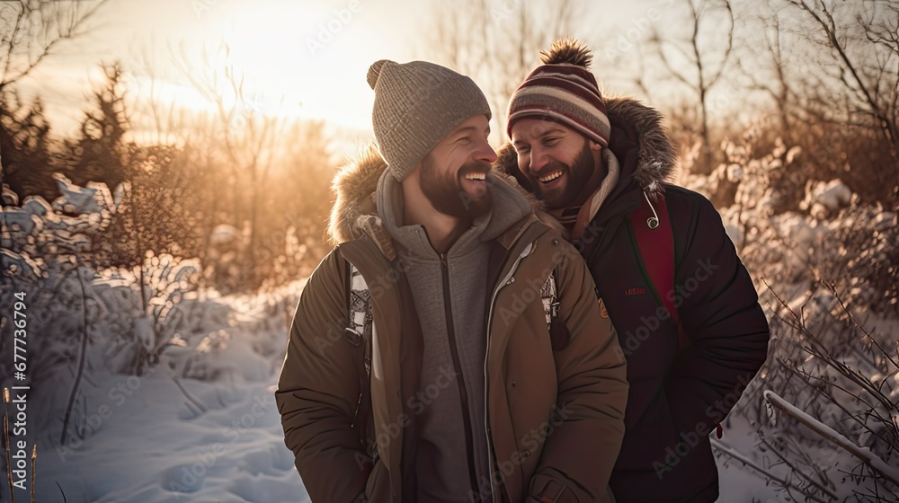 Gay male couple enjoying a day in the snow