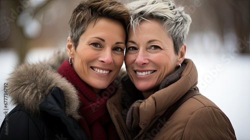 Lesbian women couple in winter