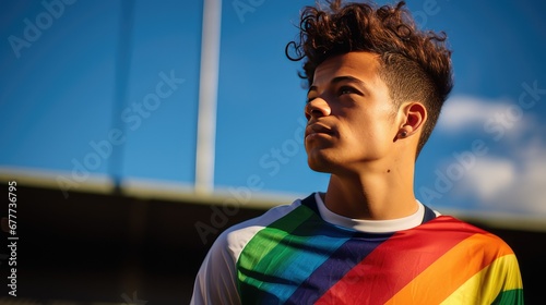 Soccer player with a t-shirt with the lgtbq+ flag