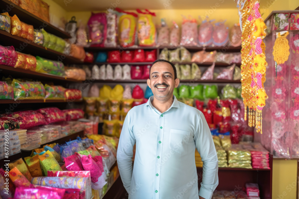 Indian Shop Owner's Smiles of Achievement. His hard work pays off as he proudly opens his store.