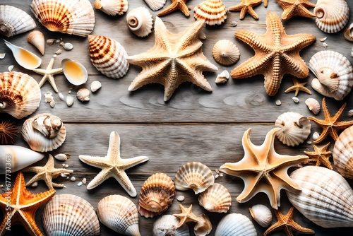Beautiful composition from seashells and starfish. Summer holidays  travel and trip background. Top view