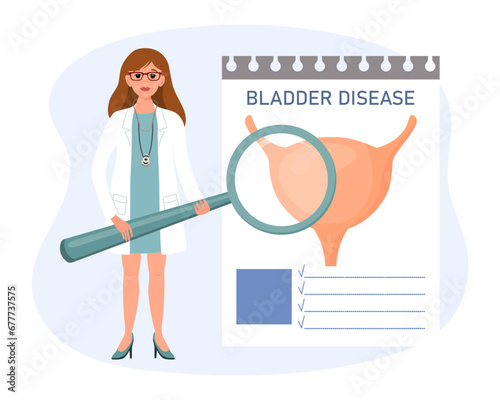 Female doctor with magnifying glass examining bladder disease, medical diagnosis. The concept of science and medicine. Vector