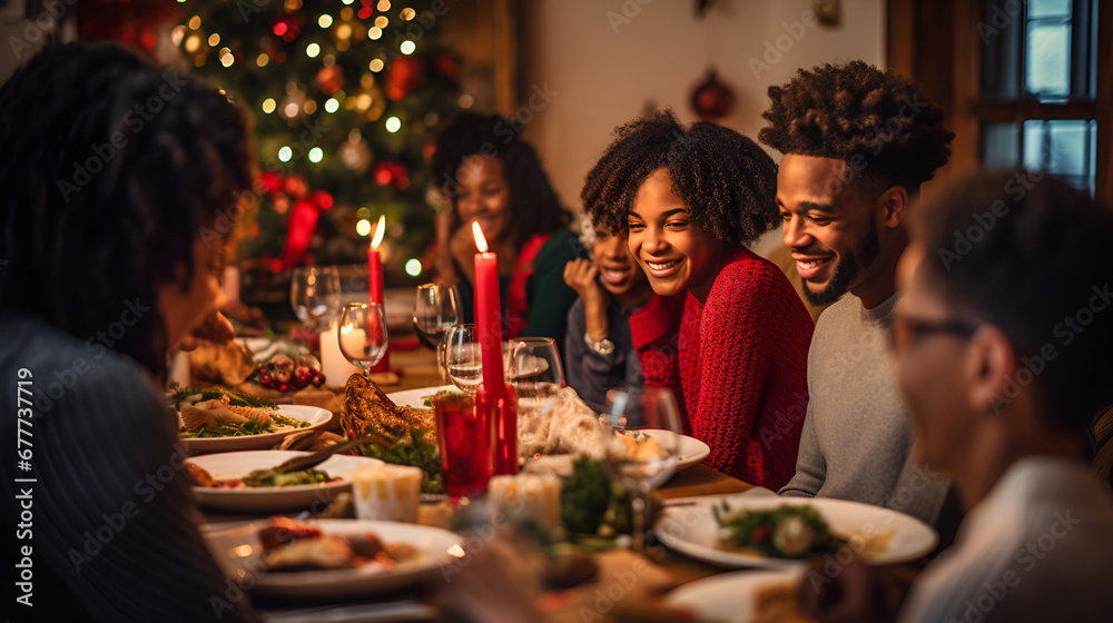 An African-American family gathers around a festive table with a Christmas tree in the background An African-American family gathers around a festive table with a Christmas tree in the background