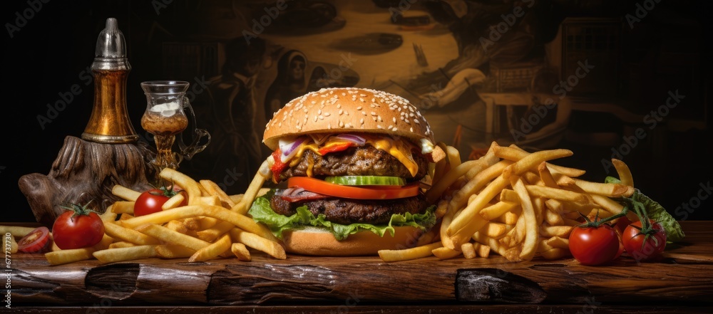  a hamburger and french fries on a table with a bottle of ketchup and a glass of beer in the background.