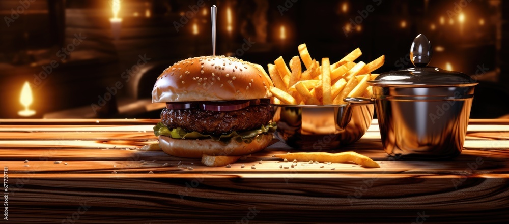  a hamburger, french fries, and a drink are sitting on a table in front of a wooden tablecloth.