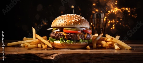  a hamburger with lettuce, tomato, and cheese surrounded by french fries on a wooden table in front of a dark background.