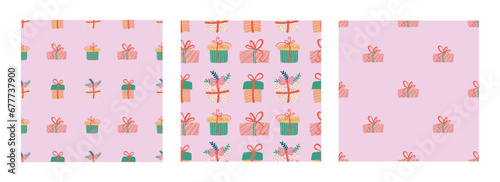 Christmas gifts seamless pattern set. Festive trendy decorative gift boxes. Hand drawn modern vector texture