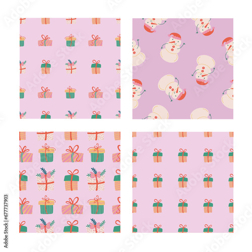 Christmas gifts seamless pattern set. Festive trendy decorative gift boxes. Hand drawn modern vector texture