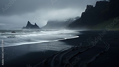 Black Sand Beaches with Mountain View Landscape Photography