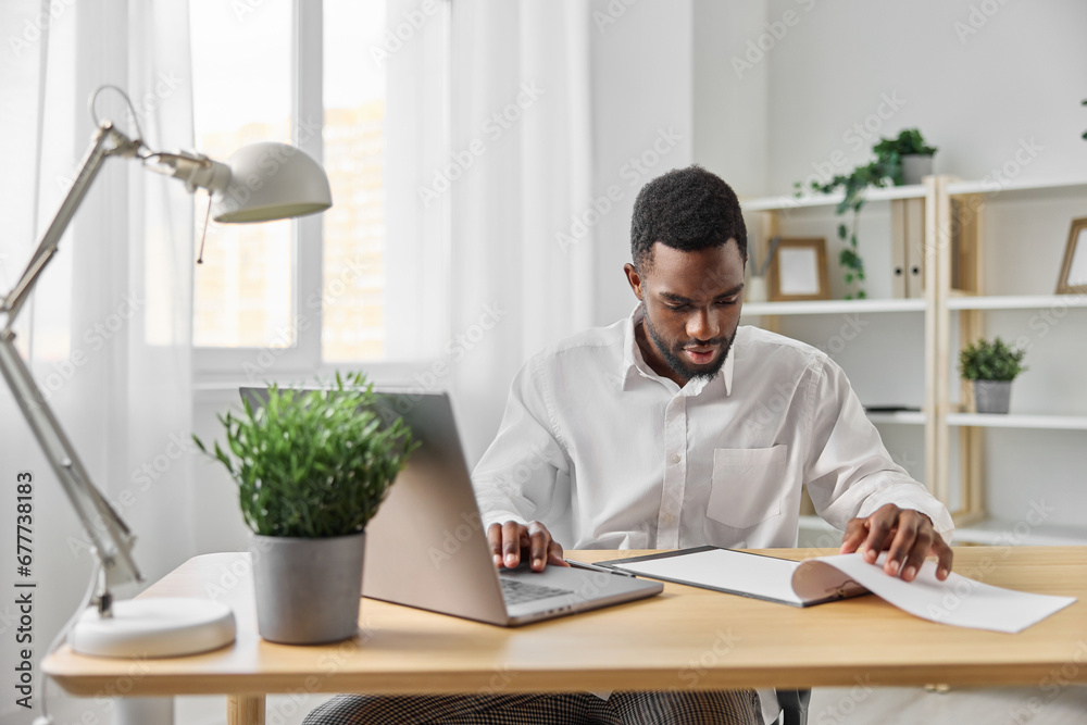 african man workplace laptop american freelancer computer student online office job education