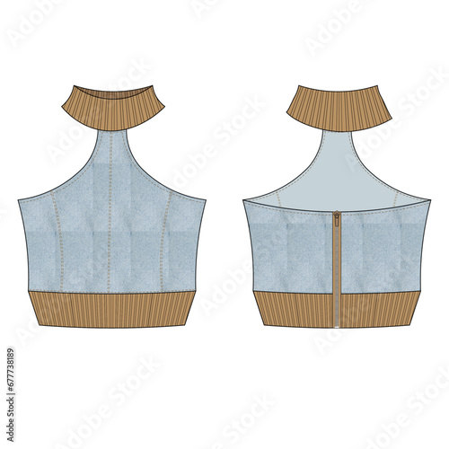denim jean bustier blouse vest technical drawing flat sketch fashion woman template
