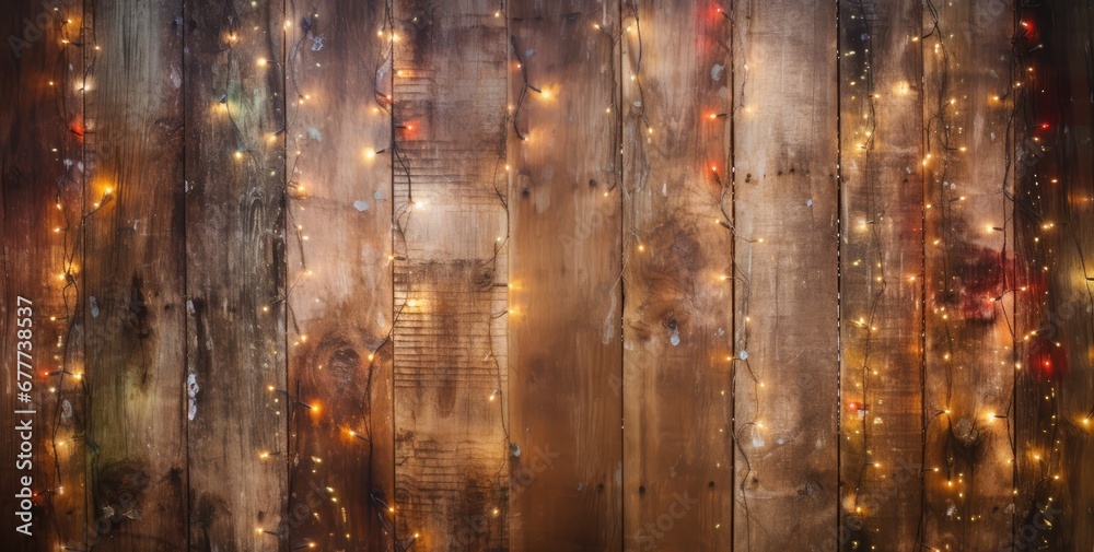 a close up of a wooden fence with a lot of lights on the side and a clock on the side of the fence. a close up of a wooden fence with a lot of lights on the side and a clock on the side of the fence.