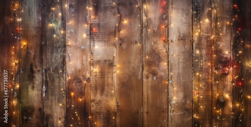  a close up of a wooden fence with a lot of lights on the side and a clock on the side of the fence.