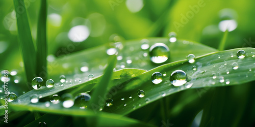 Fresh lush green grass on meadow with drops of water dew. Close-up macro. Generative AI