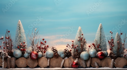  a group of christmas ornaments sitting on top of a tree stump in front of a blue sky with a few clouds.