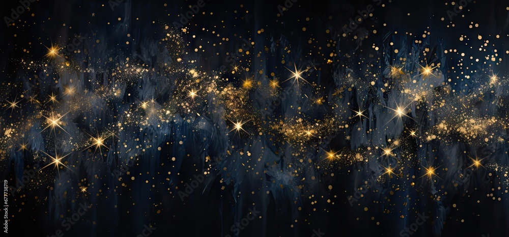  a dark blue background with gold stars and sparkles on the left side of the image and on the right side of the image.
