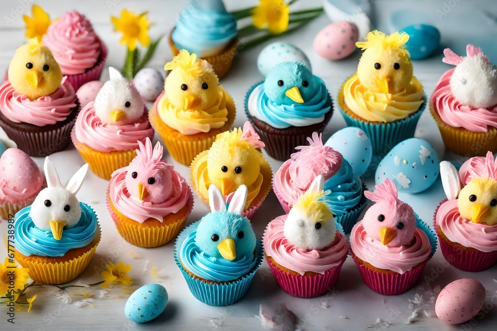 Happy Easter pink, yellow and blue cupcakes with cute chicken decorations