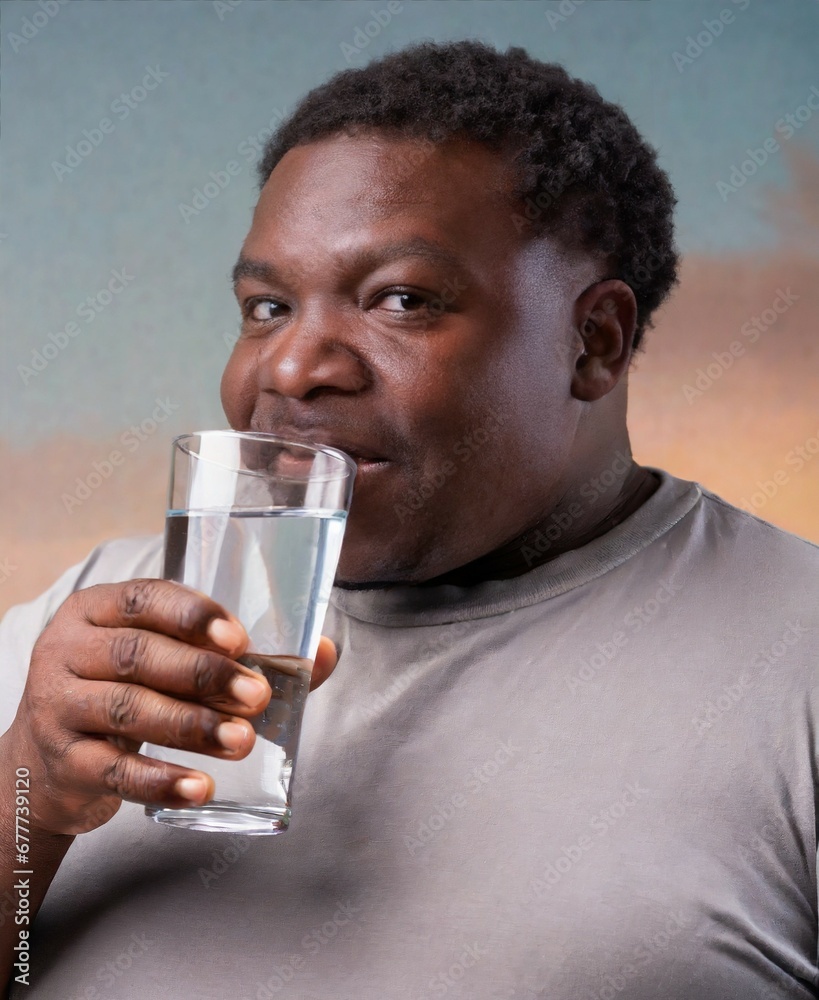 Afro chubby man having glass of water closeup Afro chubby man having glass of water closeup