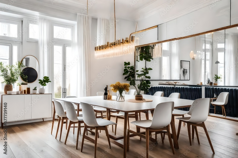 a Scandinavian dining room with a large, statement mirror on one wall