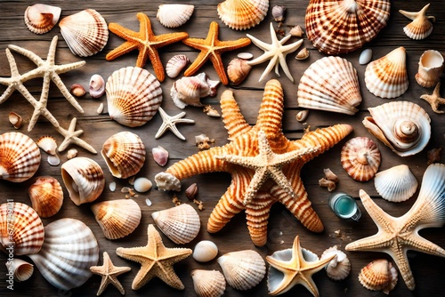 Beautiful composition from seashells and starfish. Summer holidays, travel and trip background. Top view © MISHAL