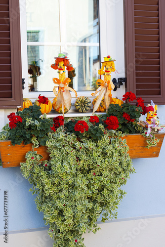 Corn decoration on the window, decorative figures made from sweet corns in a tub of flowers