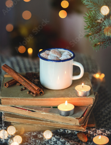 Christmas cup of cocoa with marshmallows. A mug with a delicious hot drink . New Year's mood, atmosphere. Happy Christmas.