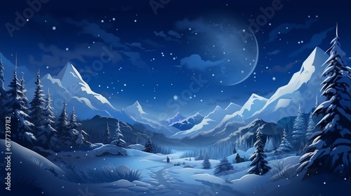 Beautiful nighttime winter landscape in the mountains with stars and moon.