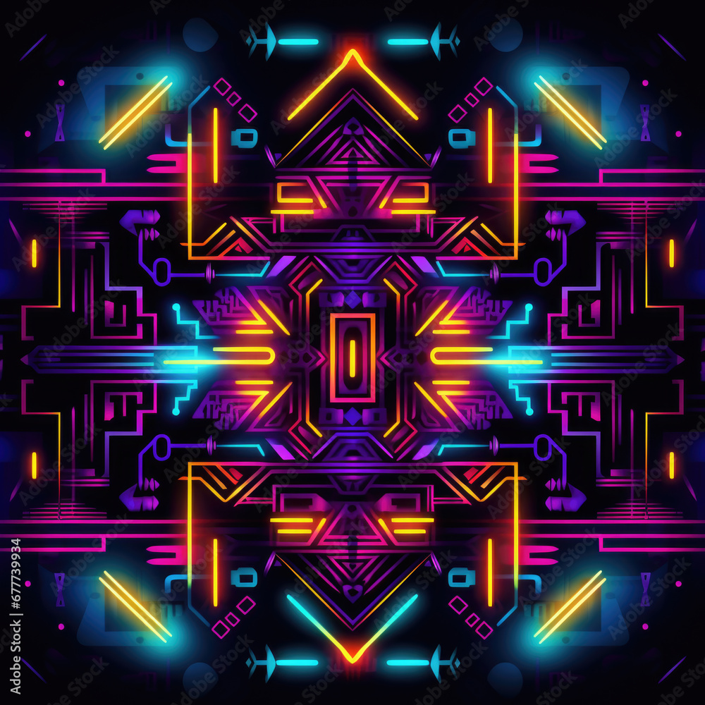 Aztec geometric pattern neon background in traditional ornamental ethnic style Aztec geometric pattern neon background in traditional ornamental ethnic style